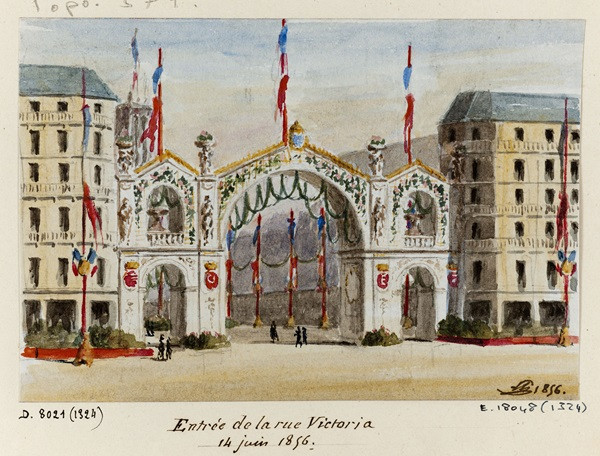 Décoration de l’entrée de la rue Victoria pour le baptême du Prince Impérial, 14 juin 1856